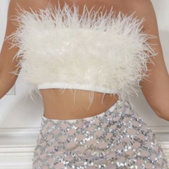 Cream fuzzy Feather Trim Crop Tube Top & Sexy silver Sequin sheer Pencil Skirt - Picture 9 of 10
